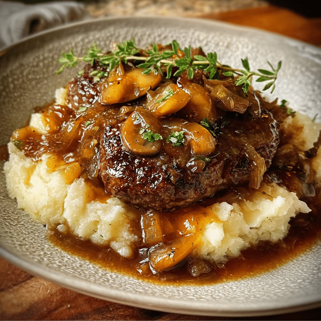 Salisbury Steak with Garlic Mashed Potatoes and Mushroom & Onion Gravy