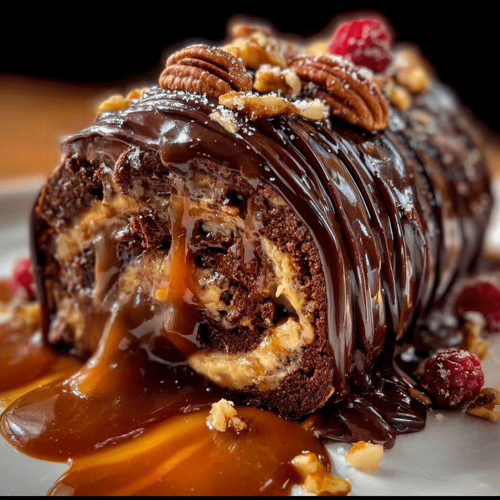 Gooey Chocolate Caramel Turtle Cake Roll